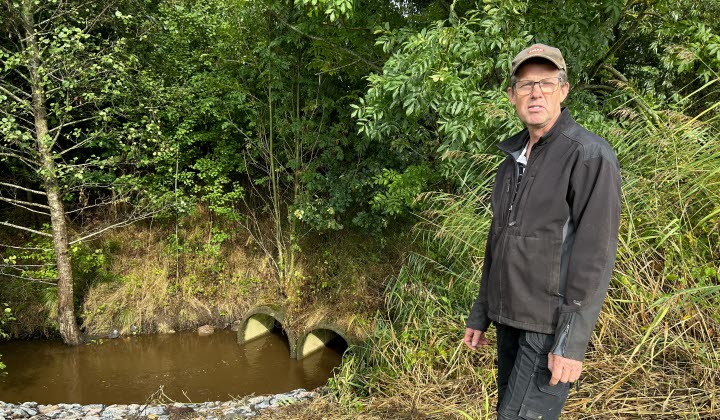 Bengt Gunnarsson från LRF Varberg framför trummor och paradisbäcken som blivit översvämmad men som nu är åtgärdad.