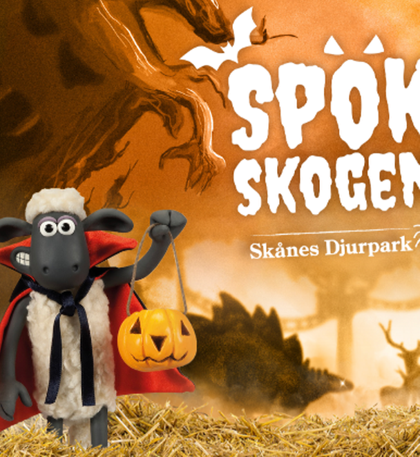 Reklambild med Fåren Shaun och Halloweentema
