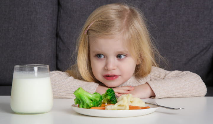Toddler does not want to eat vegetable. Portrait of little girl refusing vegetable from plate in front of her.
