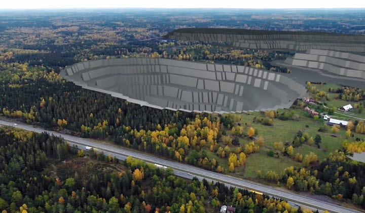 Illustration av dagbrott för mineralbrytning i Norra Kärr.