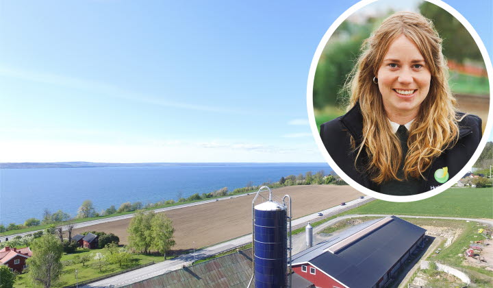 Drönarbild över mjölkgård med utsikt över Vättern. Infälld bild på kvinna med långt hår och jacka från HS.