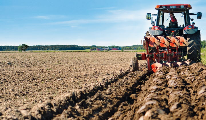 Bild bakifrÃ¥n nÃ¤r traktor plÃ¶jer Ã¥ker. Graute gÃ¥rd, Gotland.